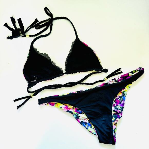 BEACH BUNNY Black Pink Floral Print Panama Reversible Strappy Cutout Bikini L - Picture 4 of 8